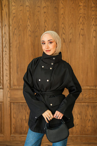 Deri Görünümlü Kısa Trenç Siyah