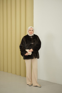 Deri Kemer Tüylü Uzun Kaban Kahverengi