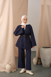 Deri Kemerli Kimono Lacivert