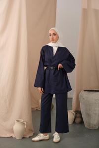 Deri Kemerli Kimono Lacivert