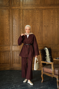 Deri Kemerli Kimono Takım Kahverengi