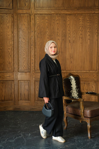 Deri Kemerli Kimono Takım Siyah