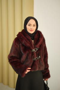 Deri Kemerli Kürk Bordo