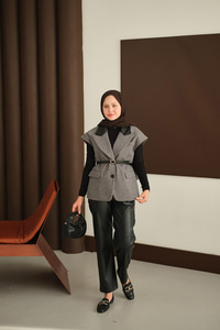 Deri Pantolonlu Yelekli Takım Siyah