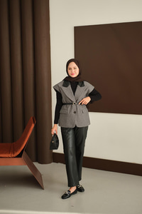 Deri Pantolonlu Yelekli Takım Siyah