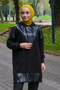 Uygun Fiyatlı DERI PARCALI KAPSONLU TUNIK SIYAH | Loccomoda.com 