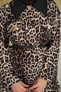 Deri Yaka Leoparlı Ceket Ekru