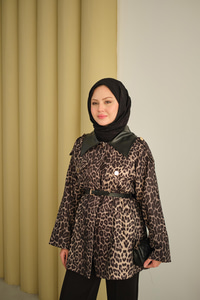 Deri Yaka Leoparlı Ceket Füme