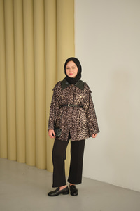 Deri Yaka Leoparlı Ceket Füme