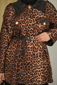 Deri Yaka Leoparlı Ceket Vizon