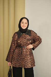 Deri Yaka Leoparlı Ceket Vizon