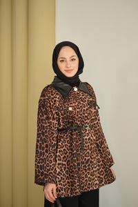 Deri Yaka Leoparlı Ceket Vizon