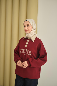 Deri Yaka Nakışlı Sweat Bordo