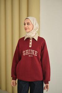 Deri Yaka Nakışlı Sweat Bordo