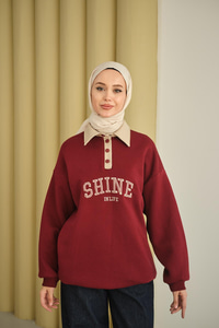 Deri Yaka Nakışlı Sweat Bordo