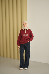 Deri Yaka Nakışlı Sweat Bordo