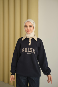 Deri Yaka Nakışlı Sweat Lacivert