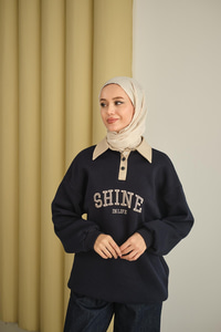 Deri Yaka Nakışlı Sweat Lacivert