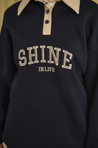 Deri Yaka Nakışlı Sweat Lacivert