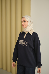 Deri Yaka Nakışlı Sweat Lacivert