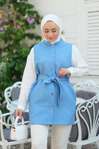 Desenli Bel Bağlamalı Kapitone İnce Yelek Açık Mavi