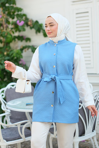 Desenli Bel Bağlamalı Kapitone İnce Yelek Açık Mavi
