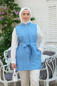 Desenli Bel Bağlamalı Kapitone İnce Yelek Açık Mavi