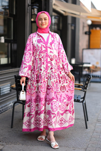 Desenli Elbise  Fuşya