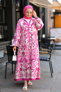 Desenli Elbise  Fuşya