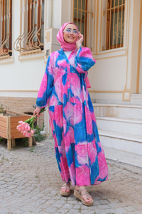 Desenli Elbise Fuşya