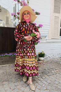 Desenli Elbise Kahverengi