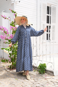 Desenli Elbise Lacivert