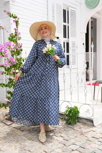 Desenli Elbise Lacivert