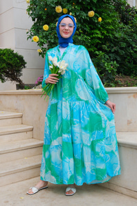 Desenli Elbise Mavi