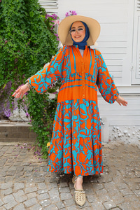 Desenli Elbise Turuncu