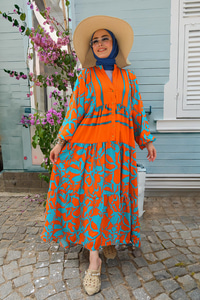 Desenli Elbise Turuncu