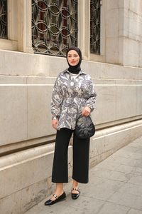 Desenli Saten Gömlek Beyaz