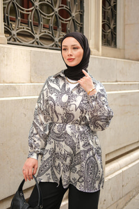 Desenli Saten Gömlek Beyaz