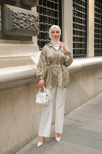 Desenli Saten Gömlek Haki Yeşil