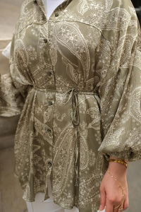 Desenli Saten Gömlek Haki Yeşil