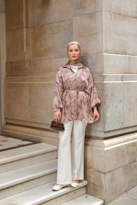 Desenli Saten Gömlek Kahverengi