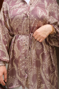 Desenli Saten Gömlek Kahverengi