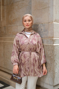 Desenli Saten Gömlek Kahverengi