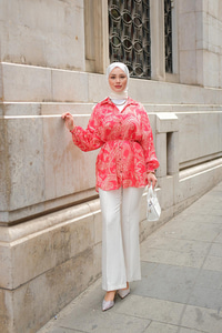 Desenli Saten Gömlek Kırmızı