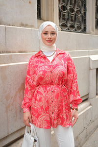 Desenli Saten Gömlek Kırmızı