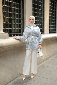 Desenli Saten Gömlek Mavi