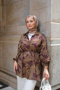 Desenli Saten Gömlek Yağ Yeşil