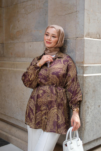 Desenli Saten Gömlek Yağ Yeşil