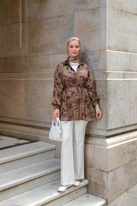 Desenli Saten Gömlek Yağ Yeşil