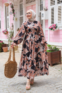 Desenli Şifon Elbise Siyah